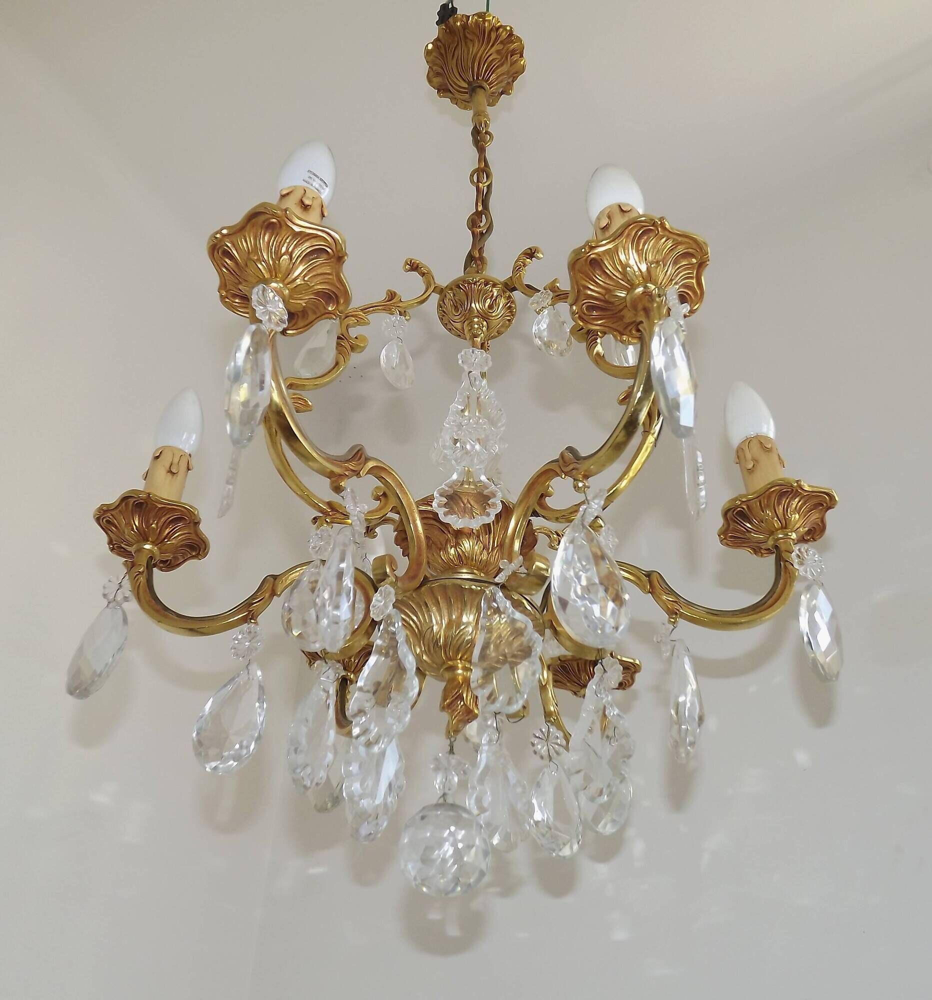 Mid Century Louis XV style cage chandelier - 6 arms - Brass and Crystal
