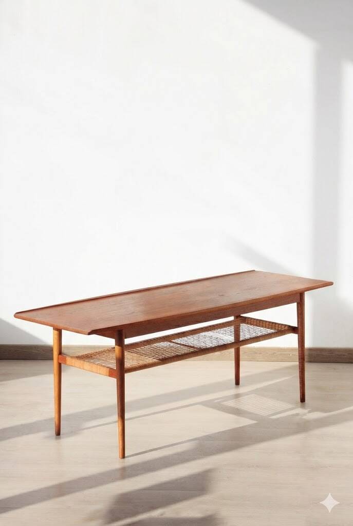 Vintage Scandinavian coffee table in teak and rattan – Danish design from the 1960s.