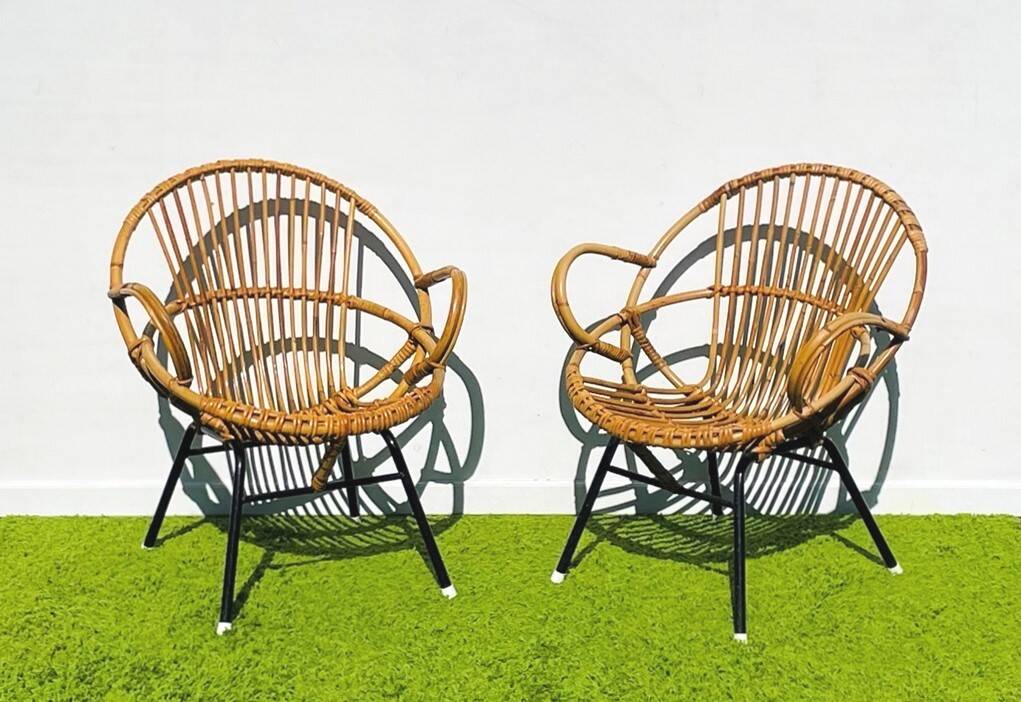 Pair of lounge rattan armchairs by D. Van Sliedregt / R. Noordwolde. Vintage