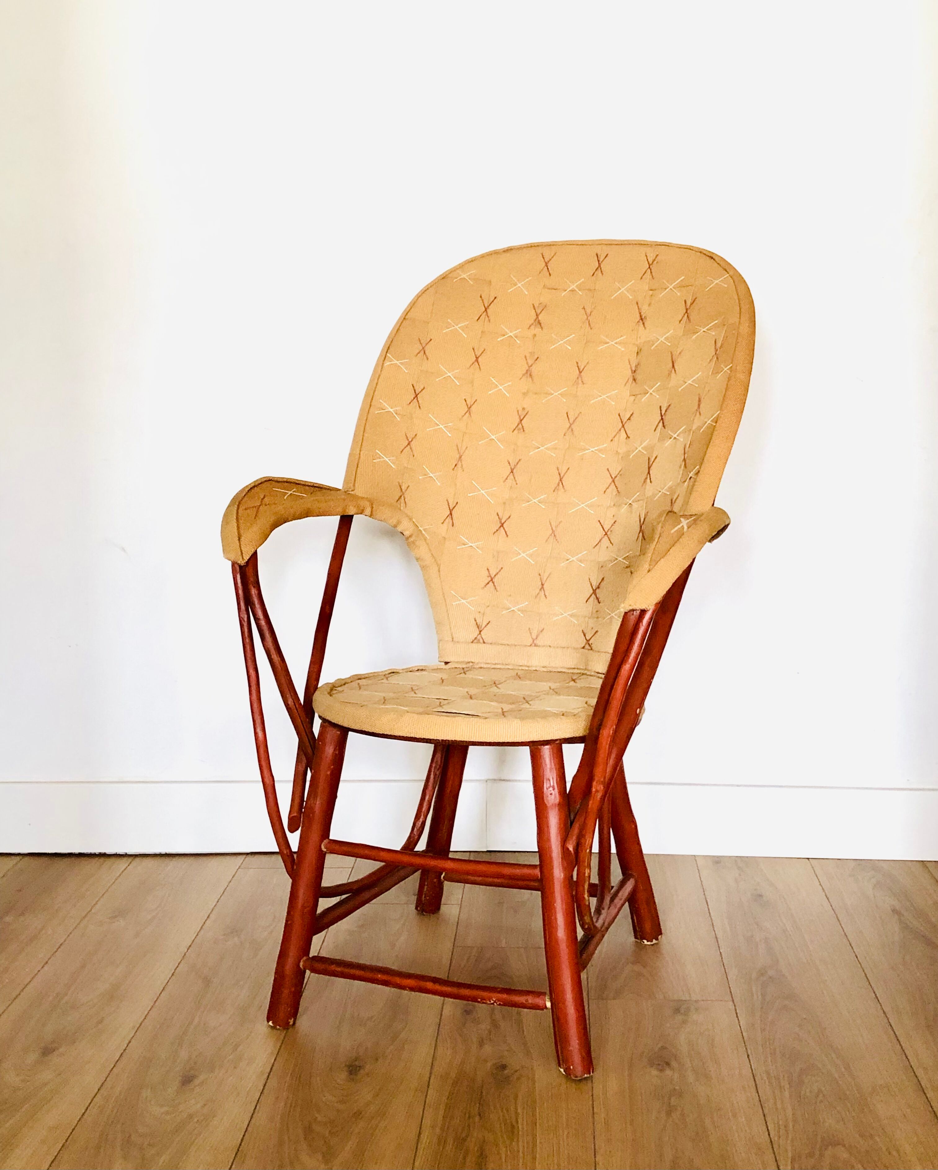 Vintage chestnut armchair and burlap