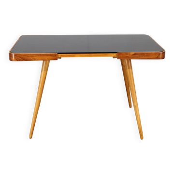 Table basse en hêtre et en verre opaque, années 1960, Tchécoslovaquie