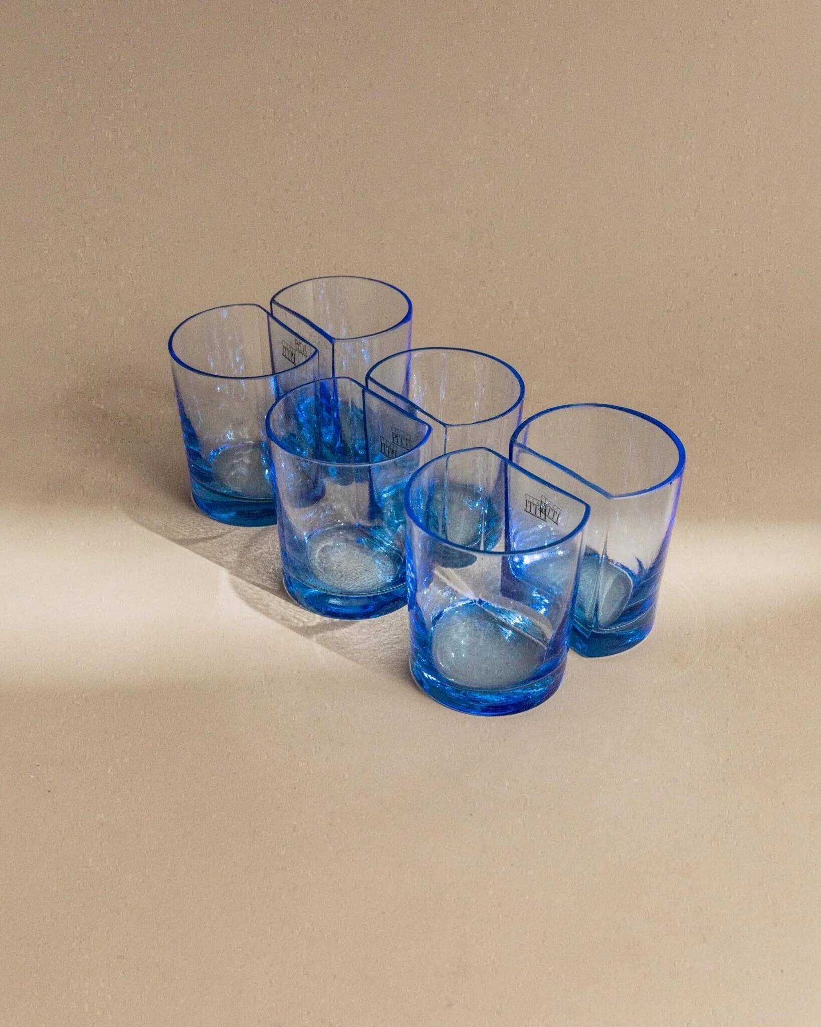 Set of 6 vintage blue drinking glasses with curved design, Pitti Studio, Italy, 1980s.