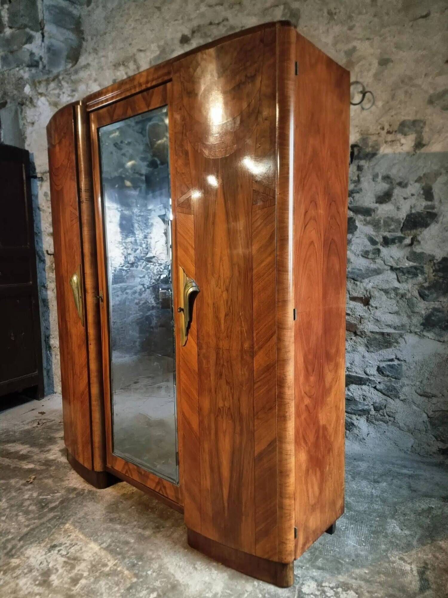 French Art Deco walnut wardrobe with mirror, 1930s