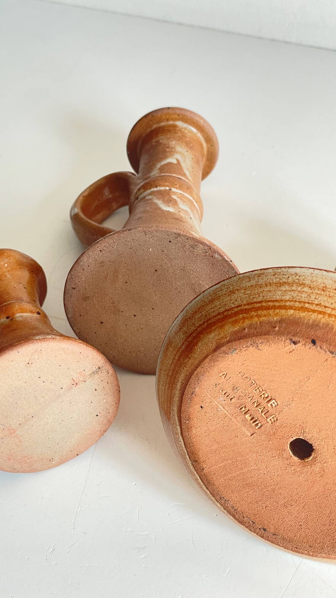3 vintage handcrafted pottery candle holders