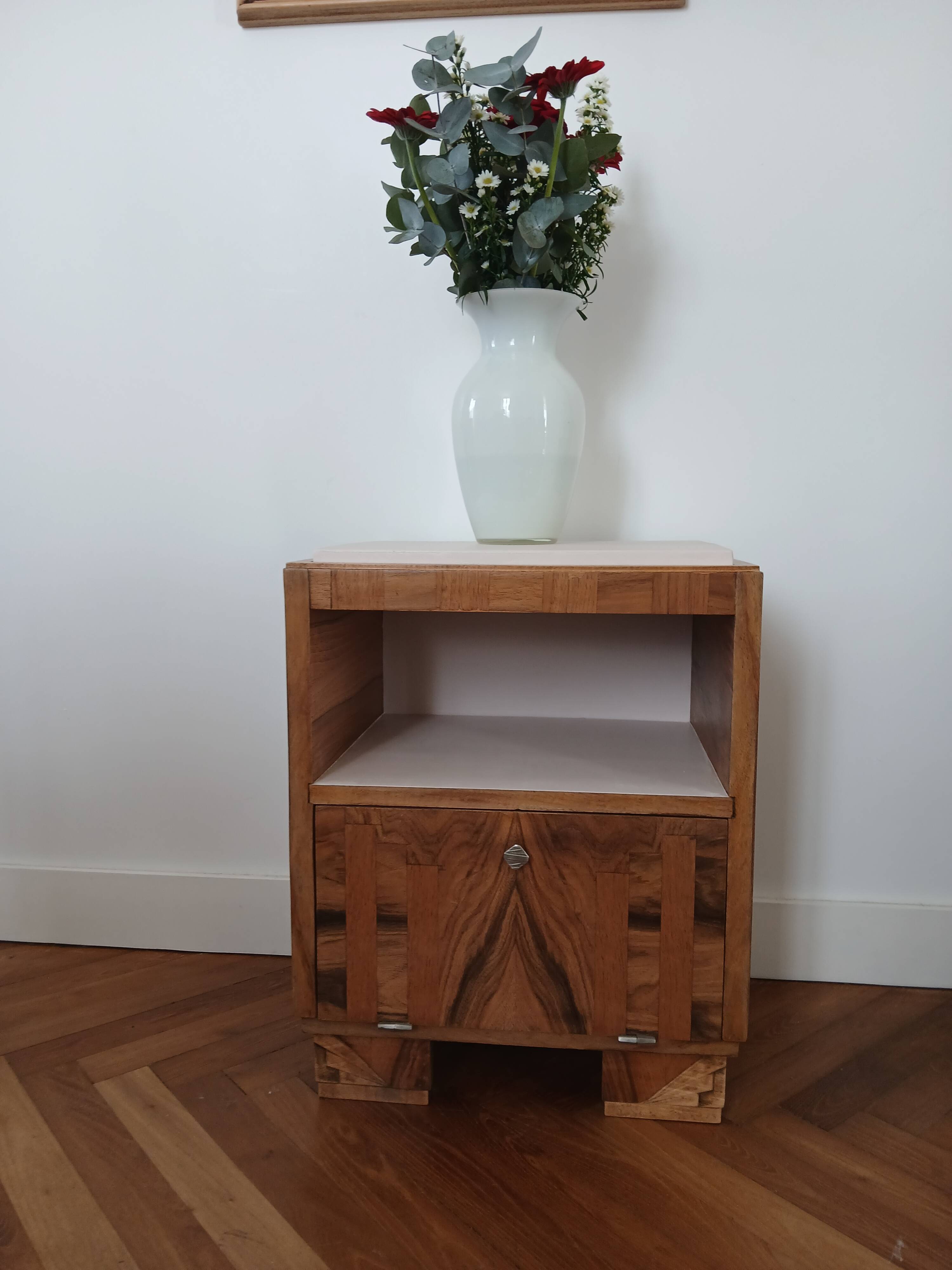 Table de chevet vintage rose marqueterie chêne