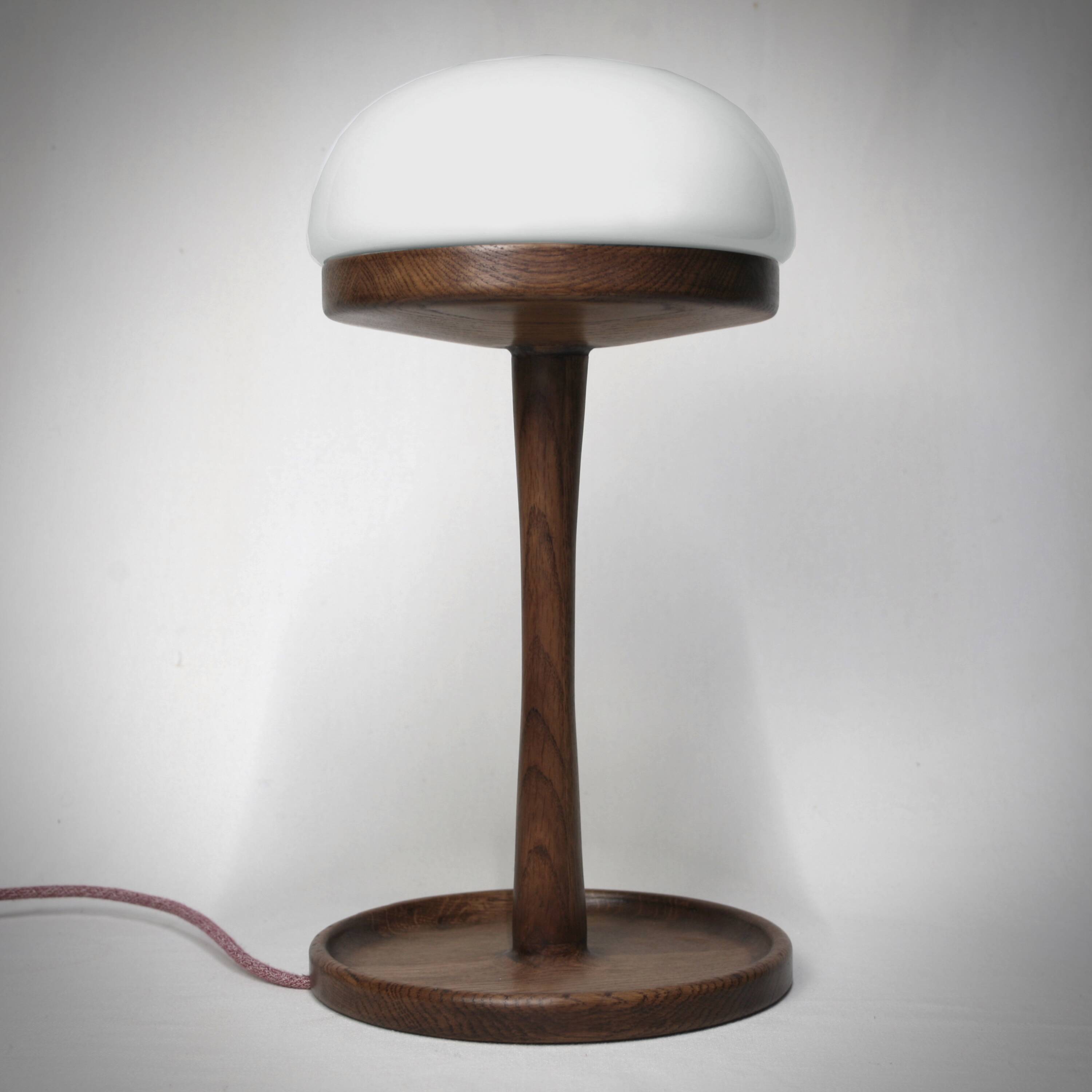 Solid oak lamp and opaline globe