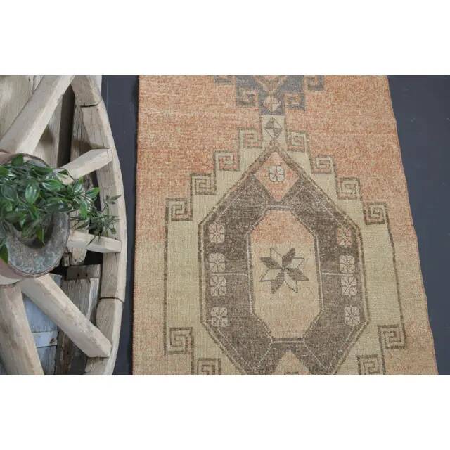 1970s Vintage Turkish Oushak Handmade Wool Cotton Orange Runner Rug 95x374