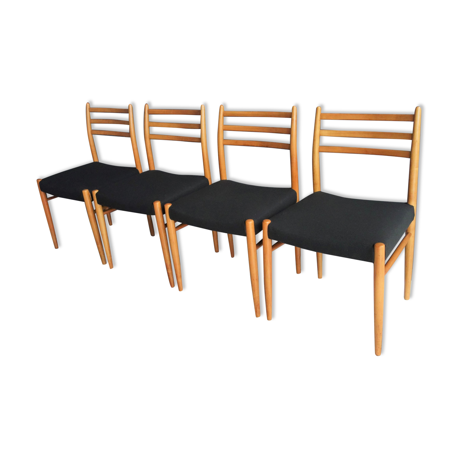 Set of 4 dining chairs in wood and black fabric 1960s