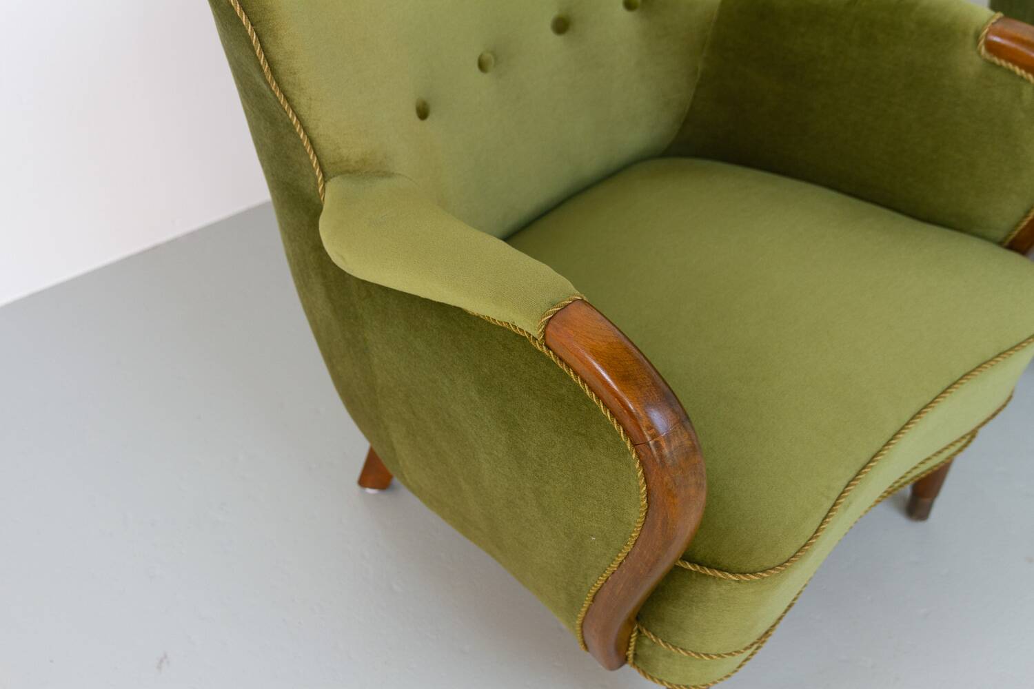 Danish art deco green velvet lounge chairs, 1940s. set of 2