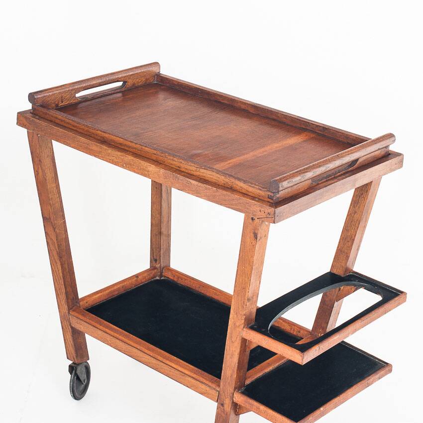 Vintage oak bar cart with removable tray. France 1950s.