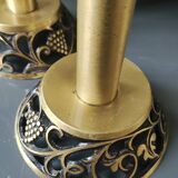 Pair of Hebrew Candlesticks. In antique gold-plated brass. Signed FFS Israel