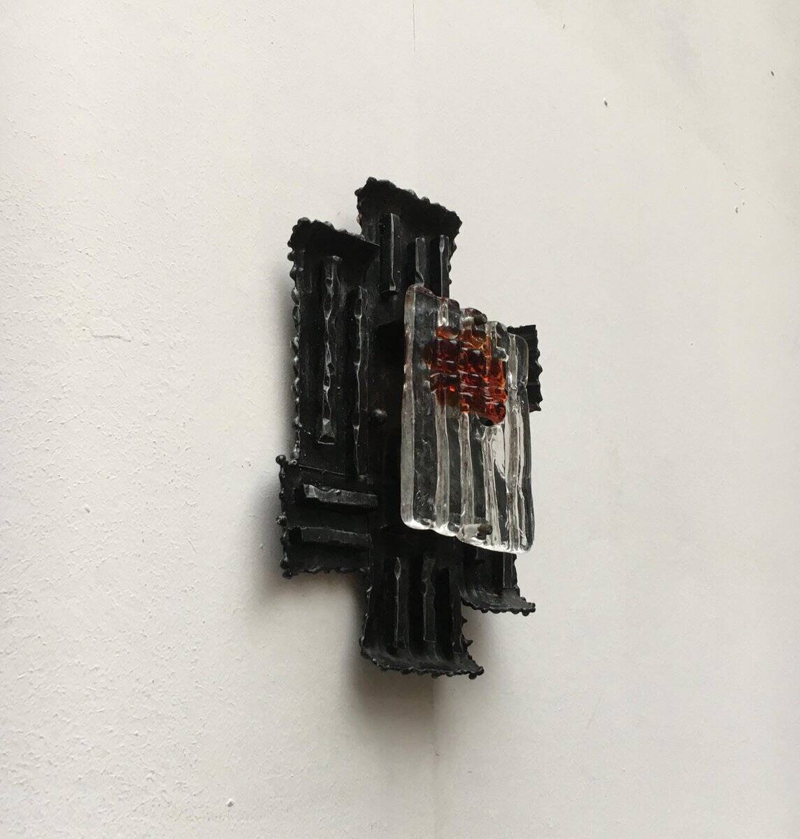 Vintage Italian brutalist wrought iron wall lamp by Albano Poli for Poliarte, set of 4.