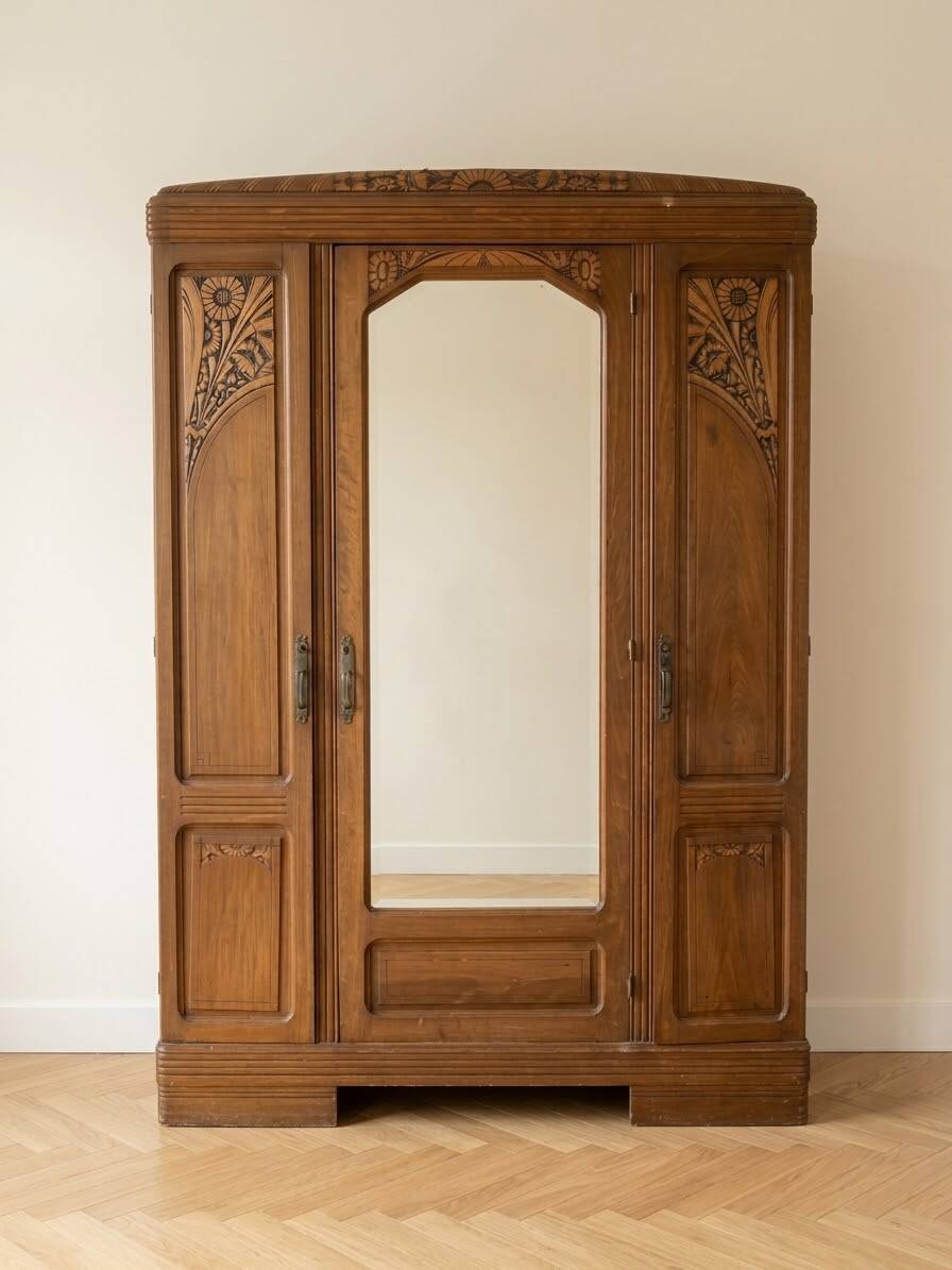 Antique 3-door Art Deco wardrobe in wood with mirror