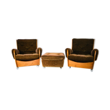 Pair of G-plan saddle back teak armchairs & footstool