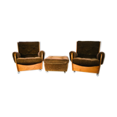 Pair of G-plan saddle back teak armchairs & footstool