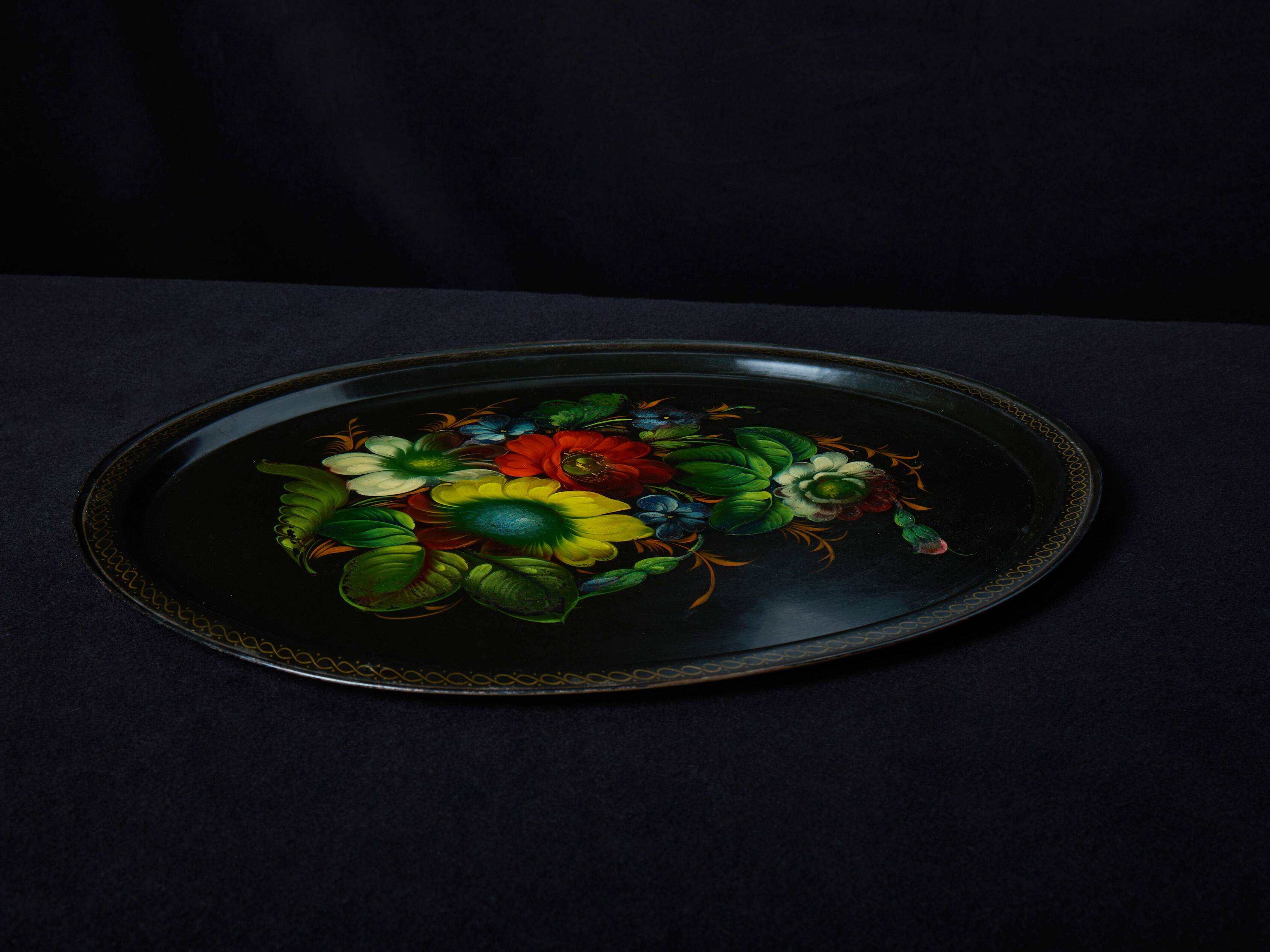 Beautiful antique hand-painted metal tray - colorful floral pattern