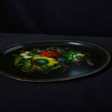 Superbe plateau ancien en métal peint à la main – motif floral coloré