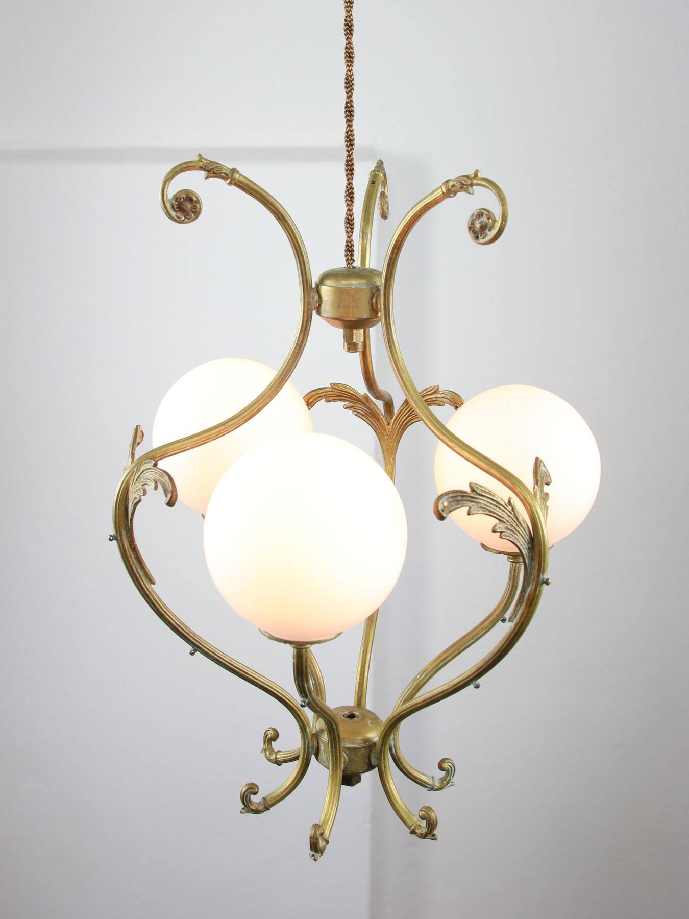 Antique Italian Brass and Opaline Chandelier