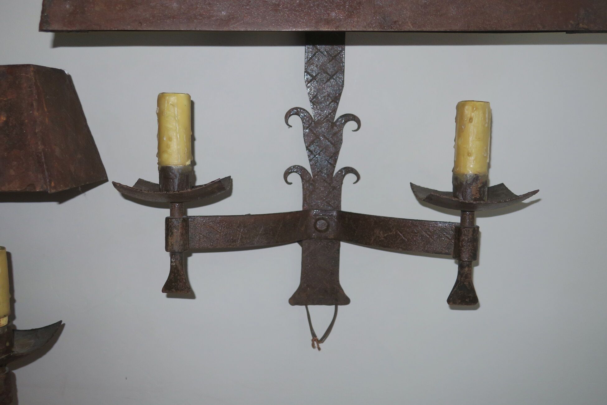Pair of mid century patinated iron outdoor wall lights, 1960