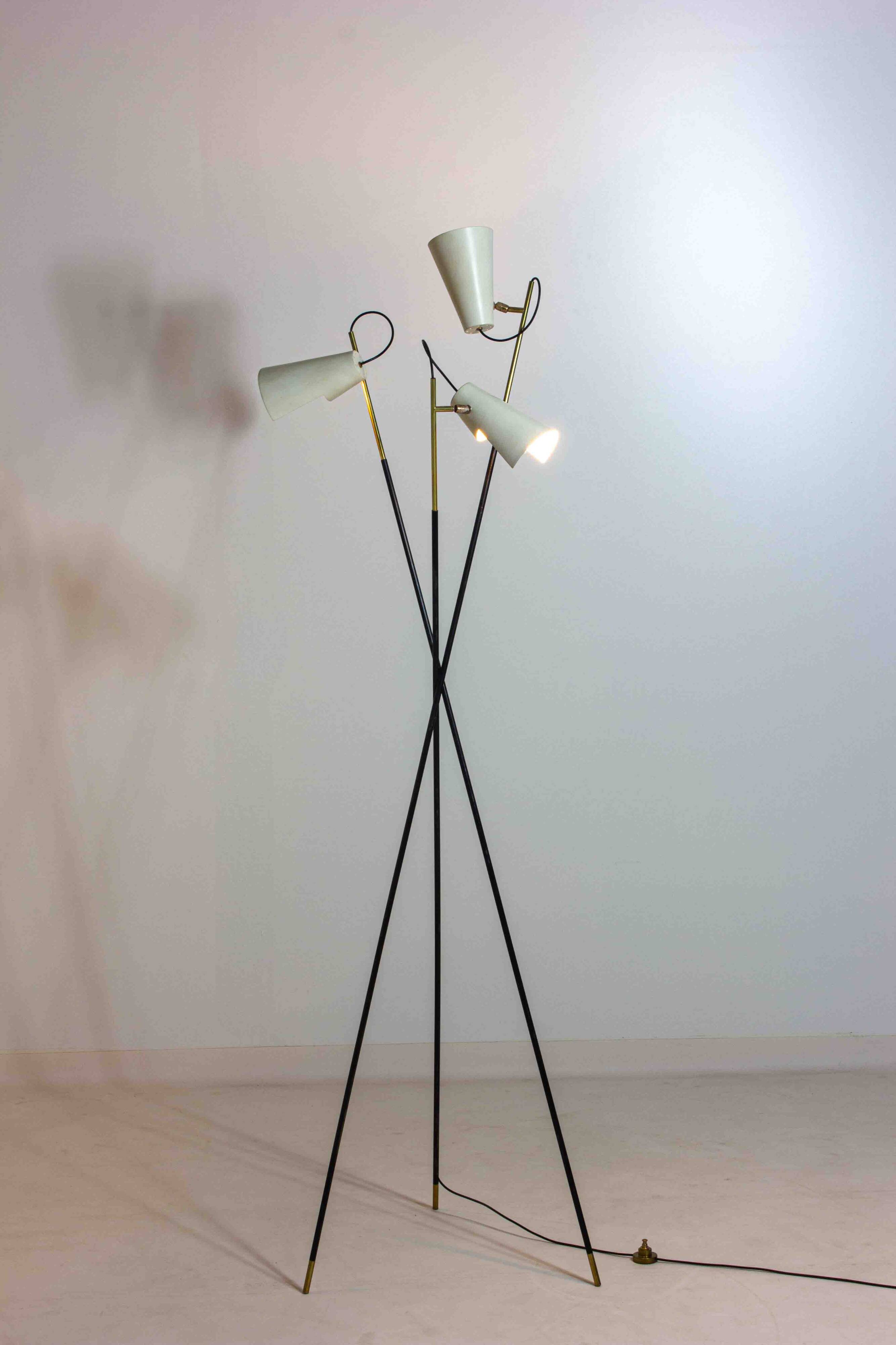 Unique tripod floor lamp by Stilnovo with white shades, Italy 1960s
