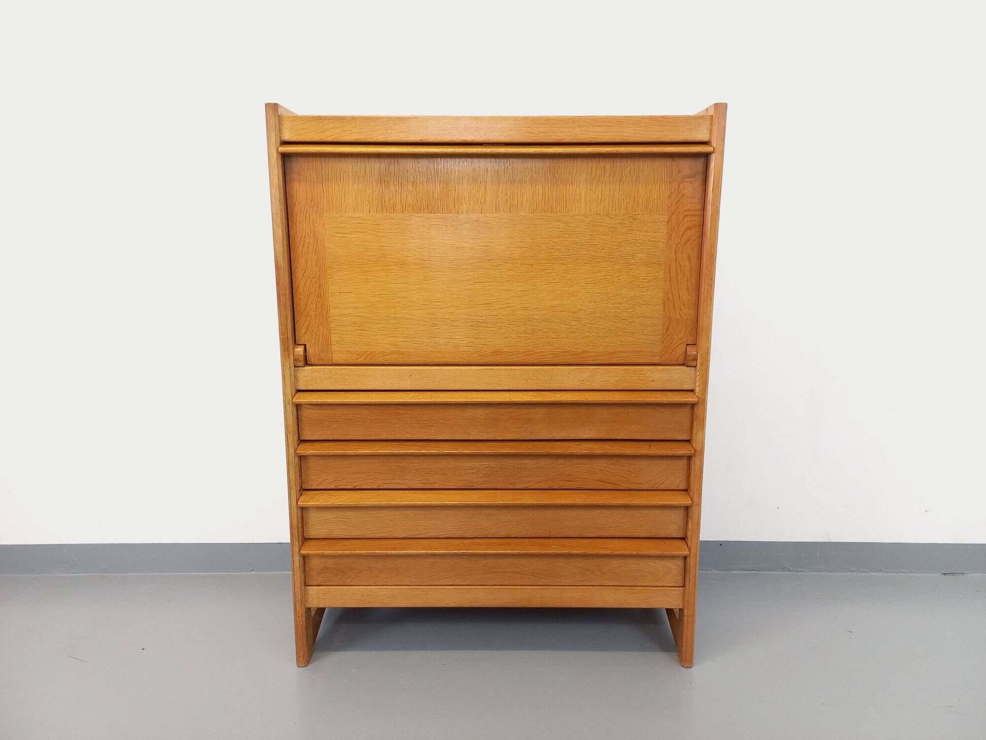 Vintage Guillerme and Chambron secretary desk in solid oak from the 50s and 60s