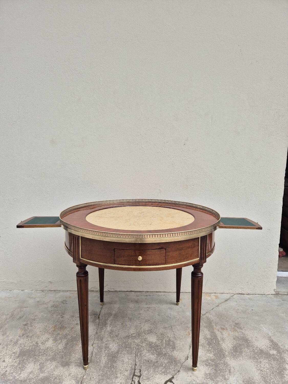 Louis XVI style mahogany bouillotte table in marquetry and bronze
