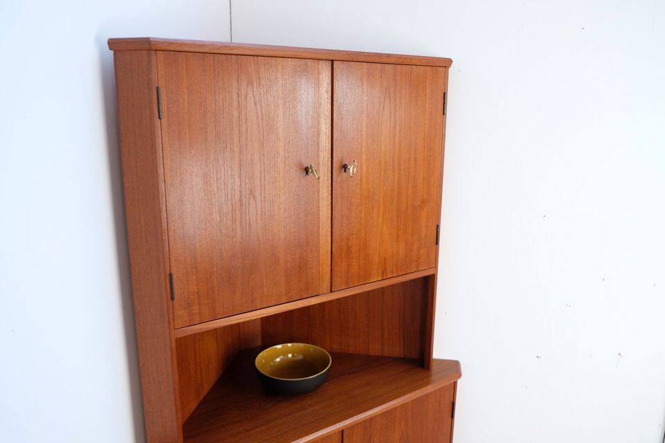 Vintage Danish teak corner cabinet, retro 1960s style.