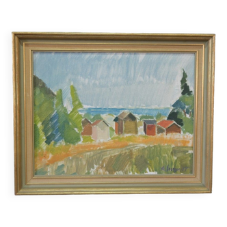 A. Svensson, Paysage cubiste suédois, 1955, huile sur toile, encadré