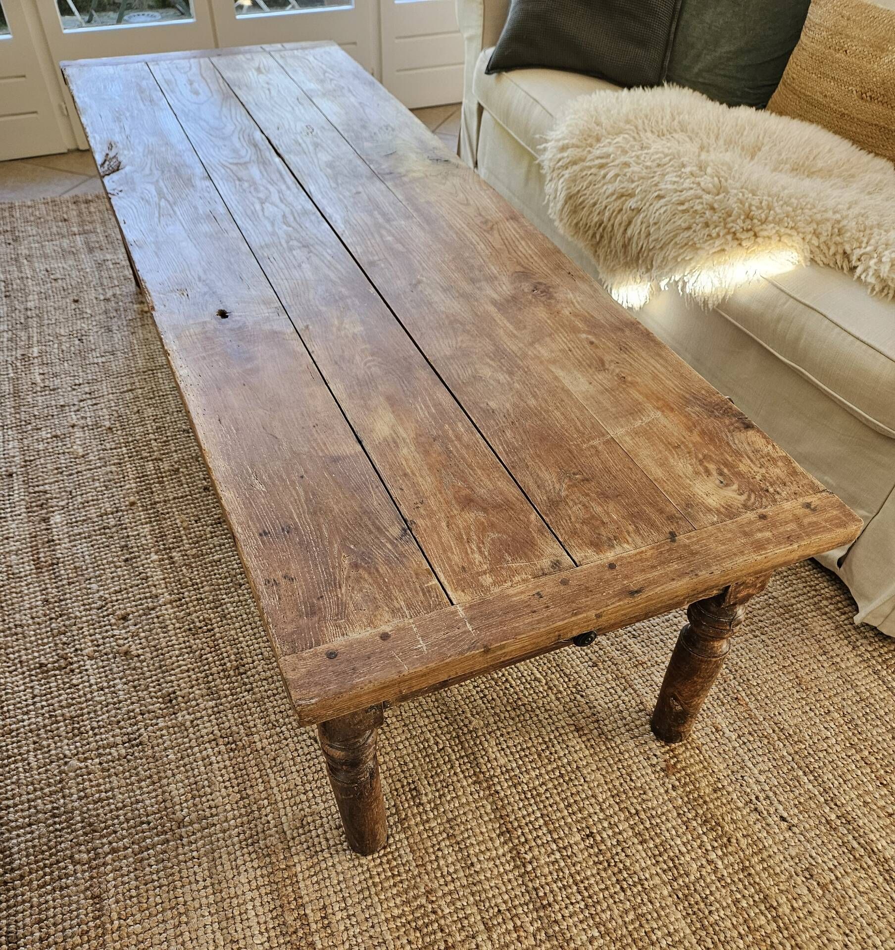 XXL coffee table in solid raw elm wood with 2 drawers, rustic antique.
