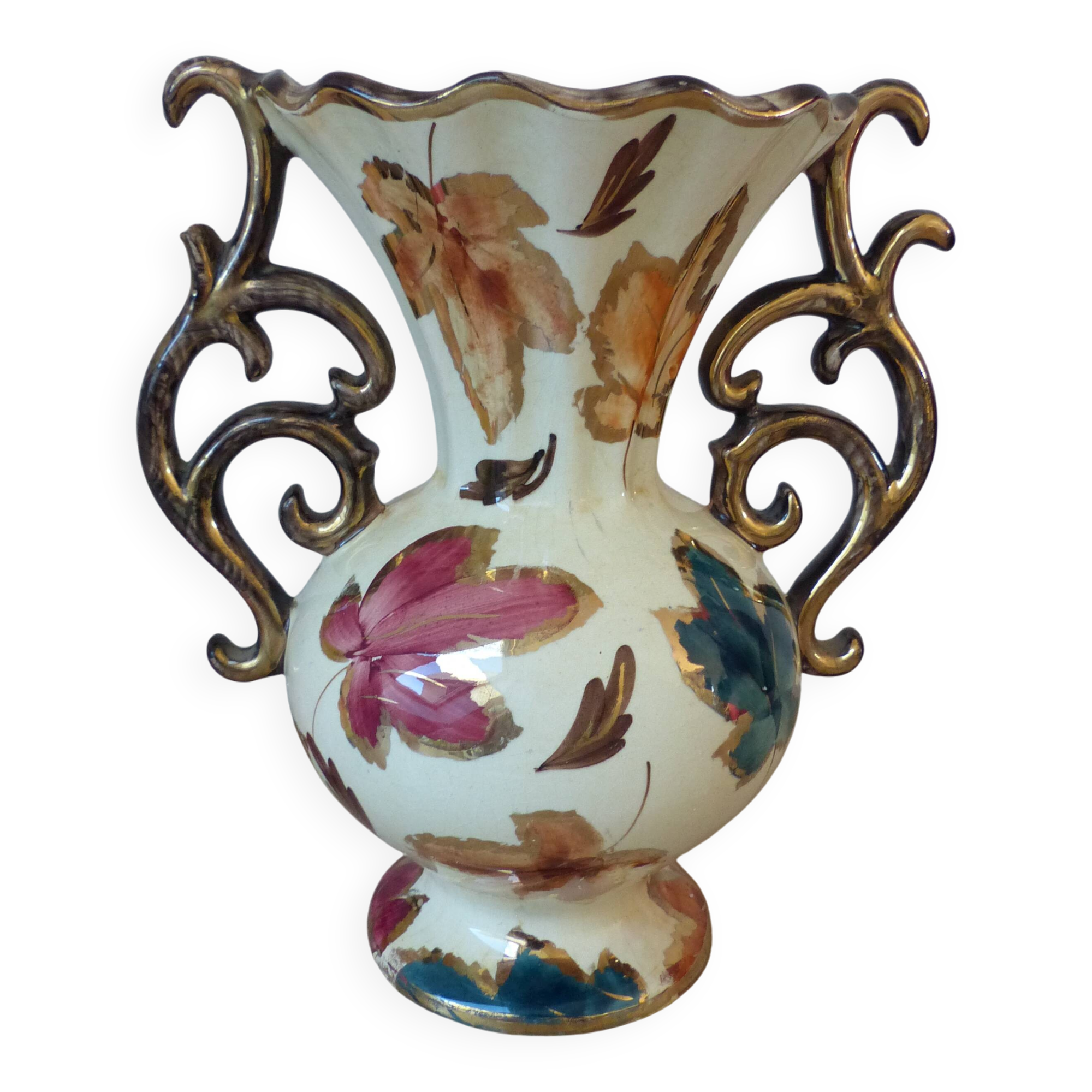 Vintage vase from Belgium signed – 1950s ceramic, decorated with coloured leaves.
