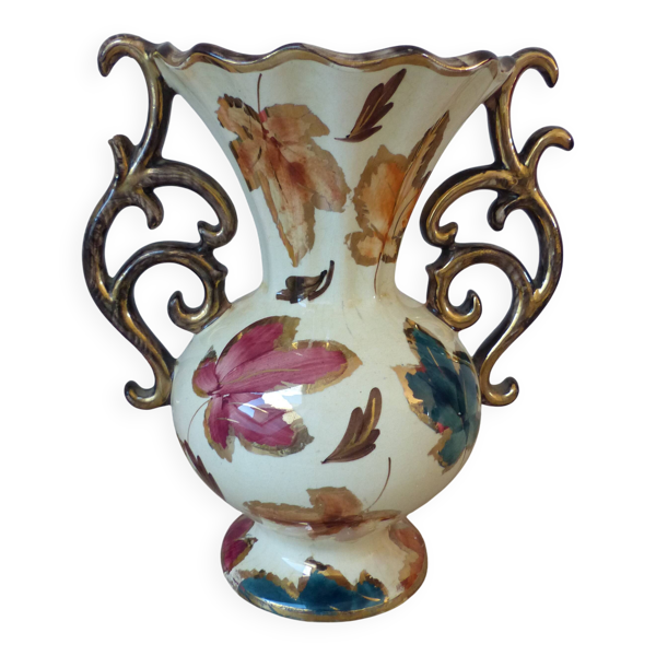 Vase en céramique à décor de feuilles colorées, signé, Belgique années 1950