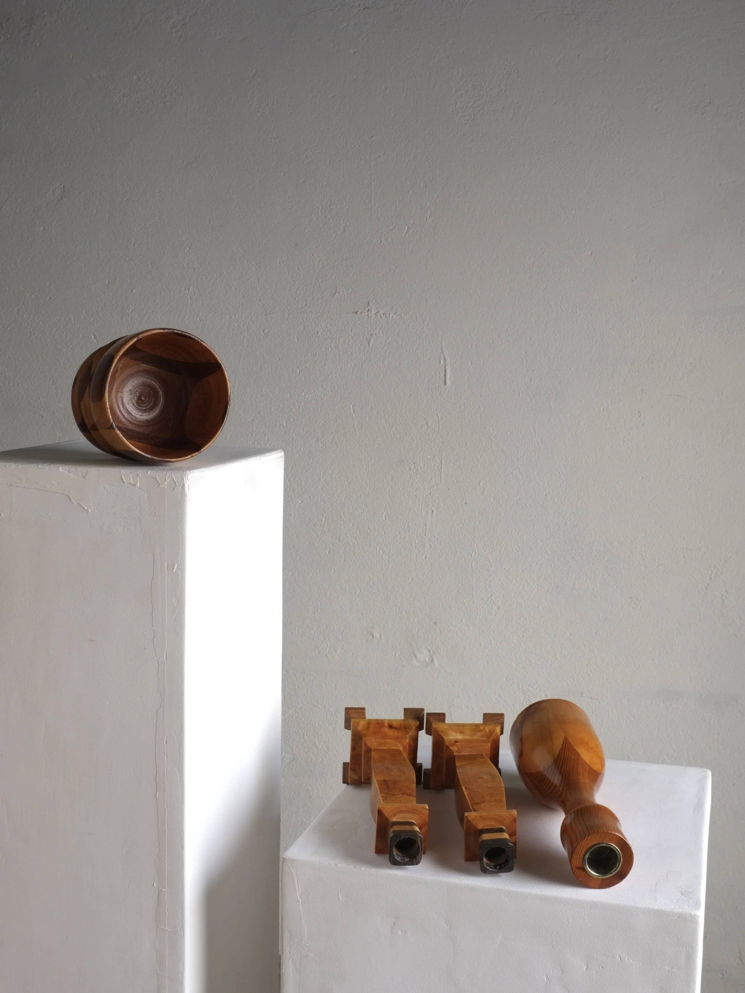 Carved wooden candle holders and bowl set | Sweden | 1970s