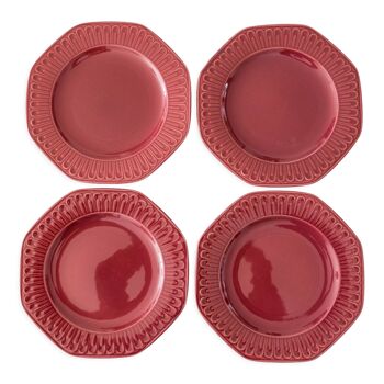 4 assiettes plates rouge rubis relief Art Decoo