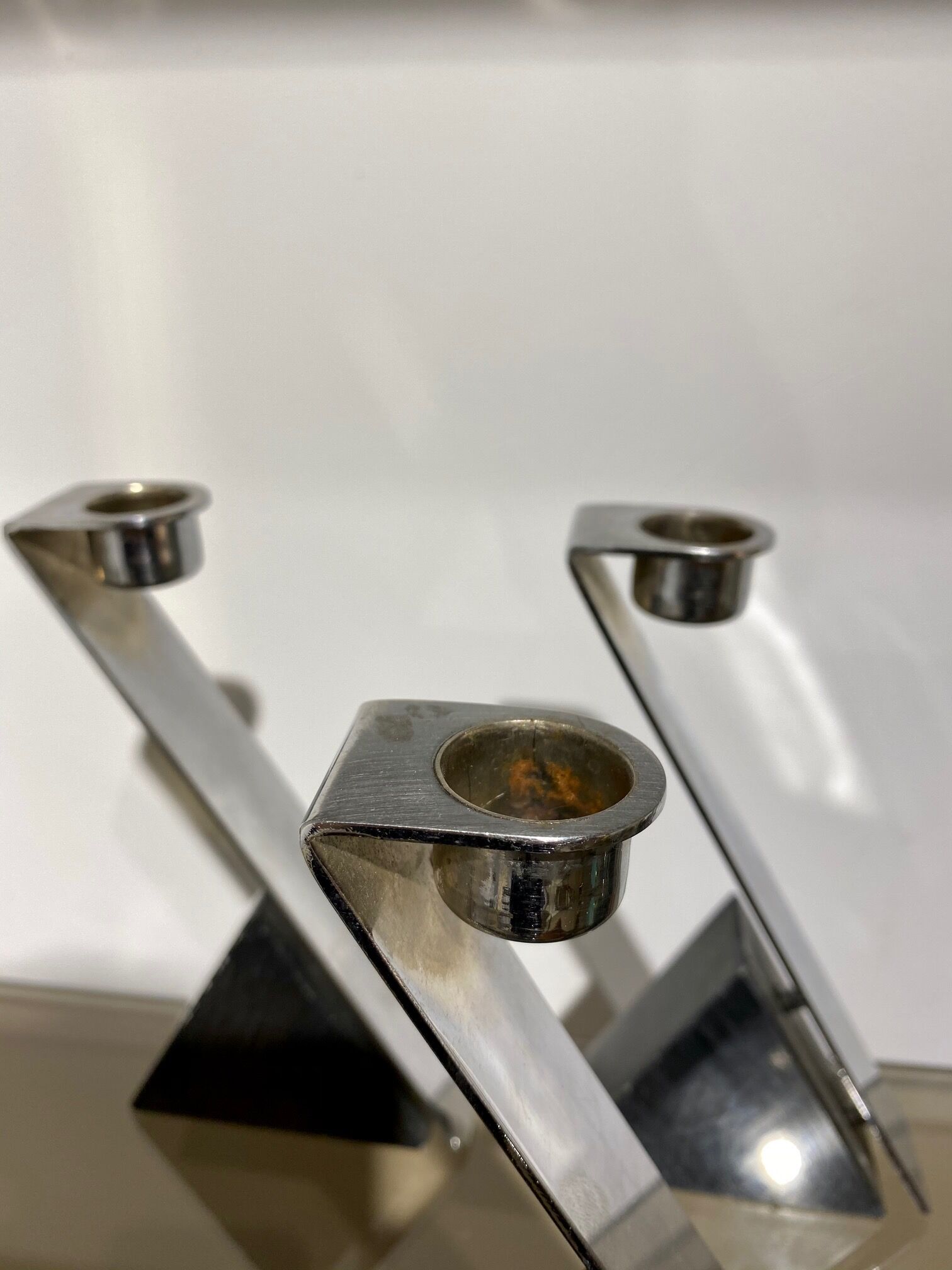 Suite of 3 1970 chrome and marble candlesticks