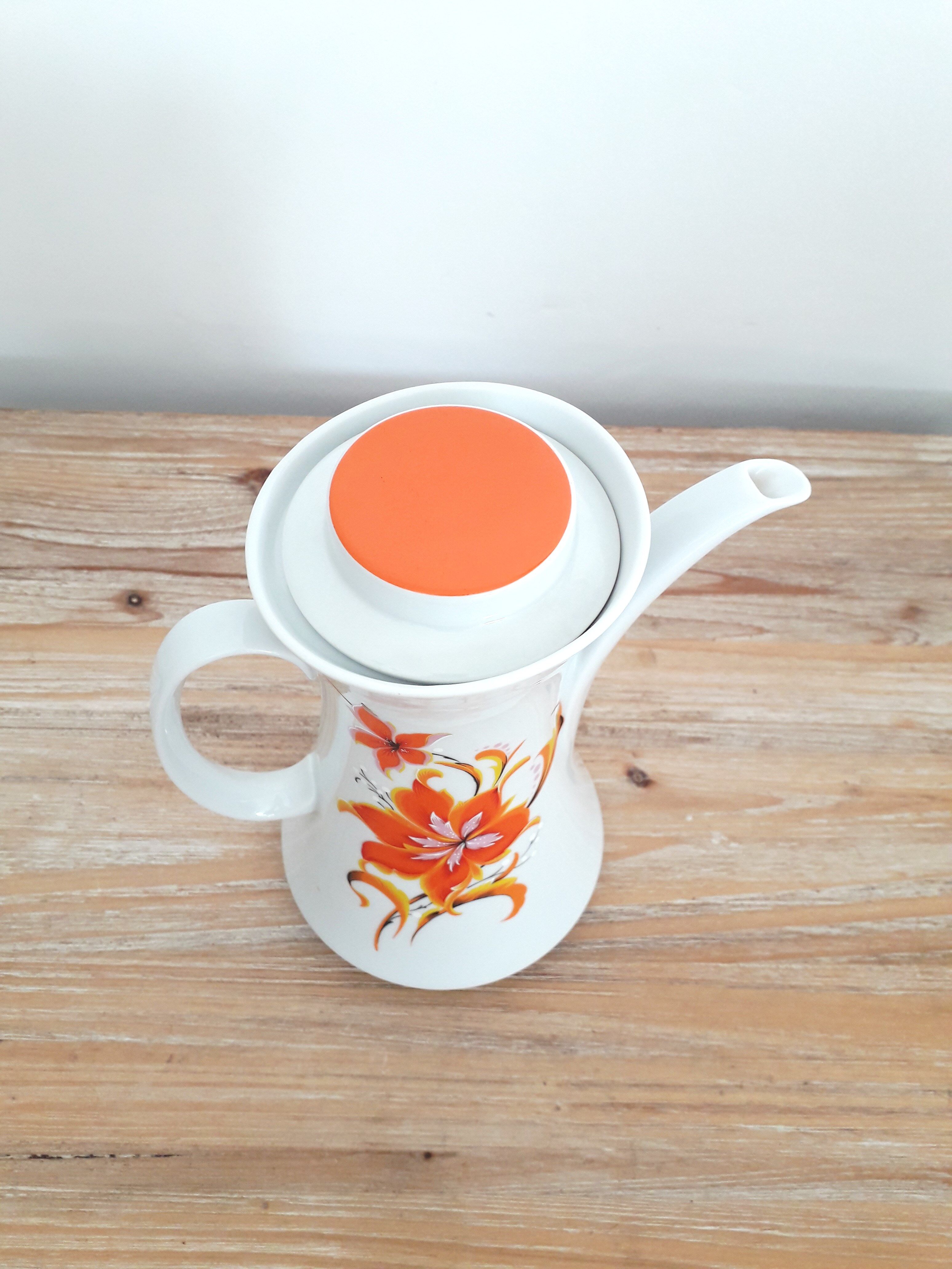 Vintage teapot / coffee maker - Bavarian porcelain - Orange flower décor - 1970