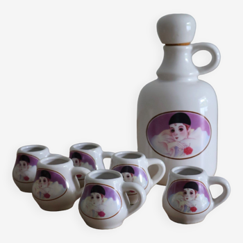Pierrot liqueur bottle + 6 porcelain glasses