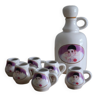 Pierrot liqueur bottle + 6 porcelain glasses
