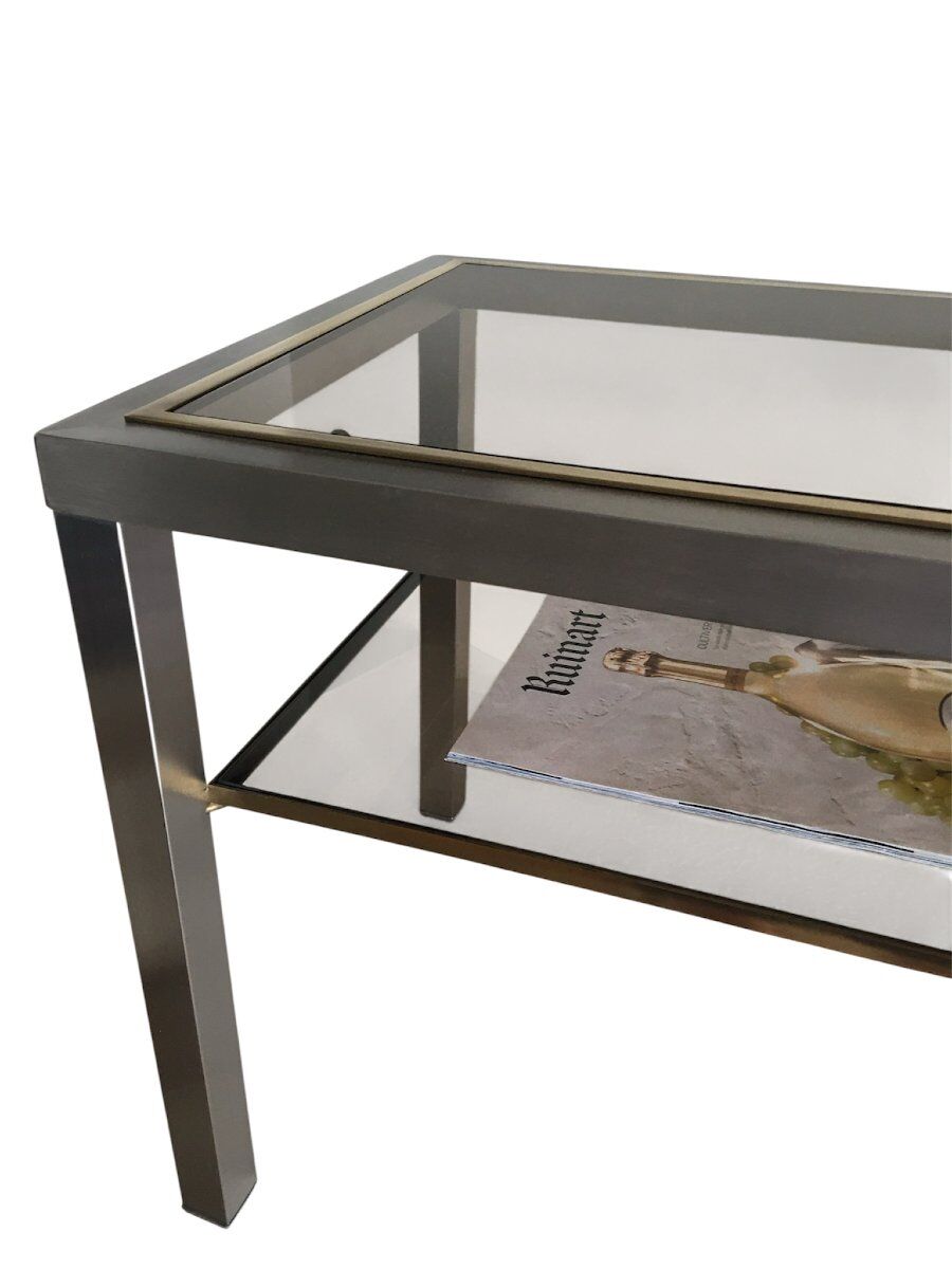 Pair of Brushed Steel Side Tables, Smoked Glass by Guy Lefèvre