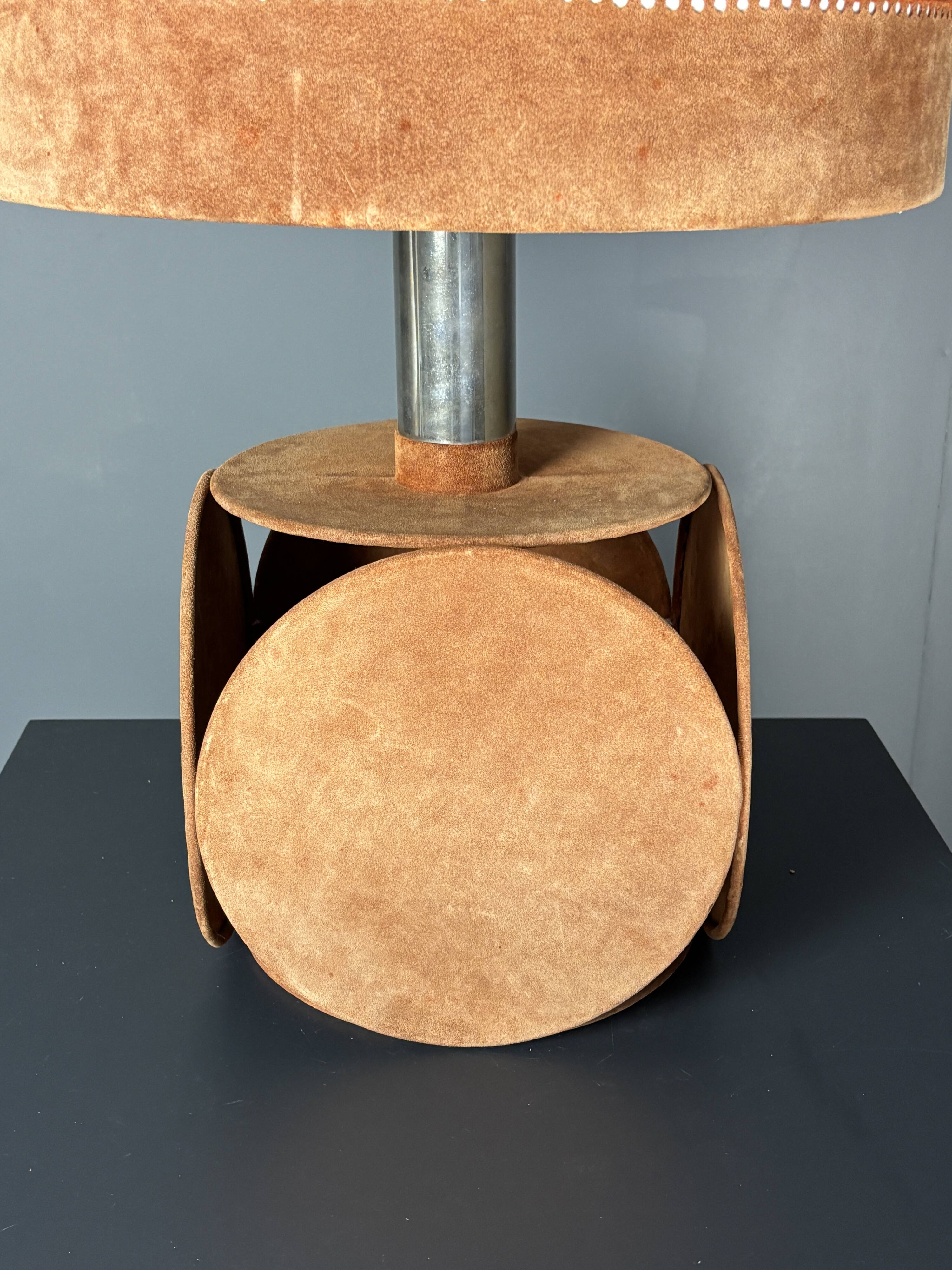 Midcentury XL ( 82 cm ) imposing terracotta suede table lamp. 1970s