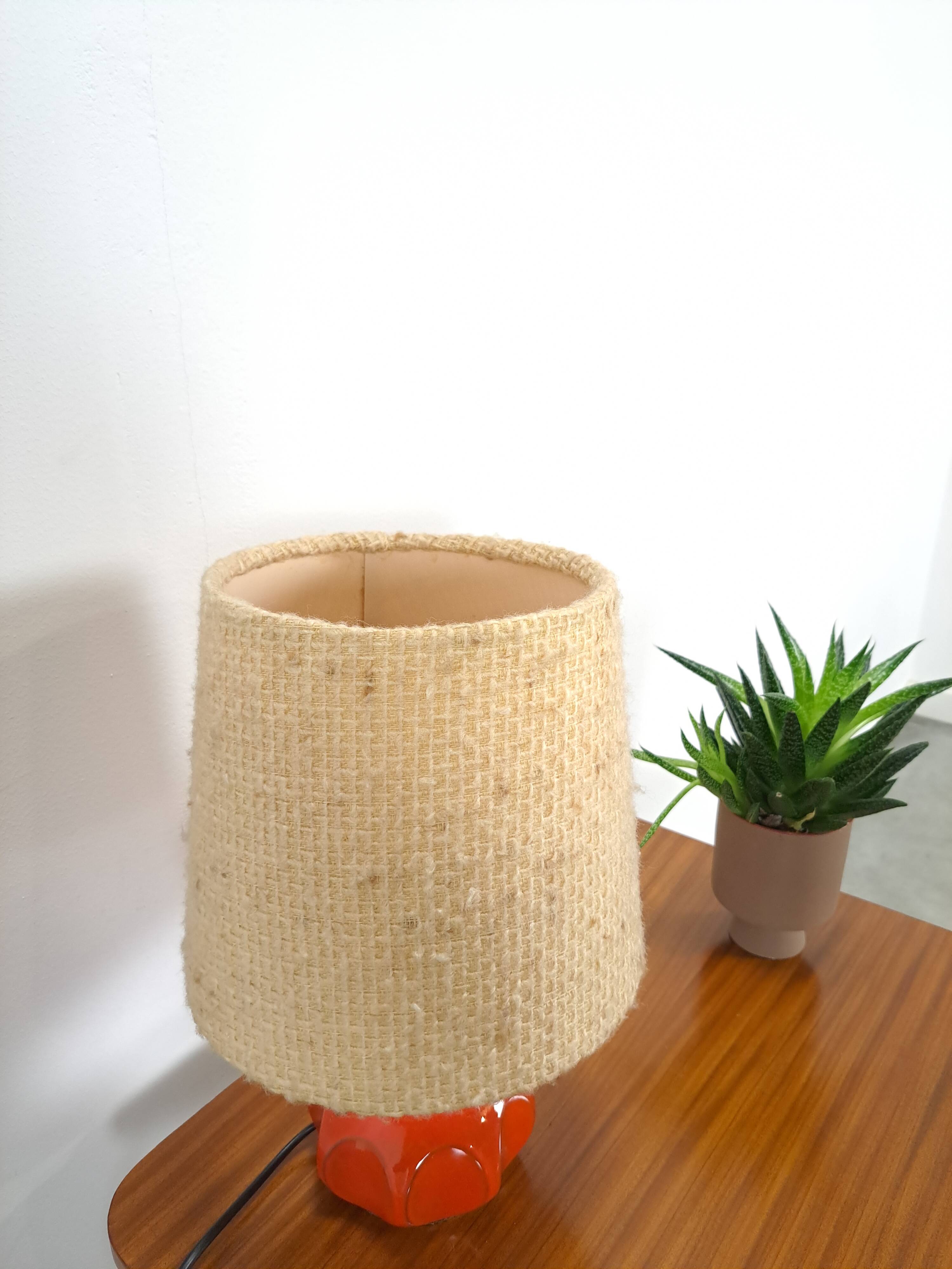 Ceramic table lamp orange with shade, vintage desk lamp