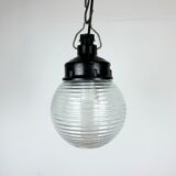Industrial bakelite pendant light with ribbed glass, 1970s