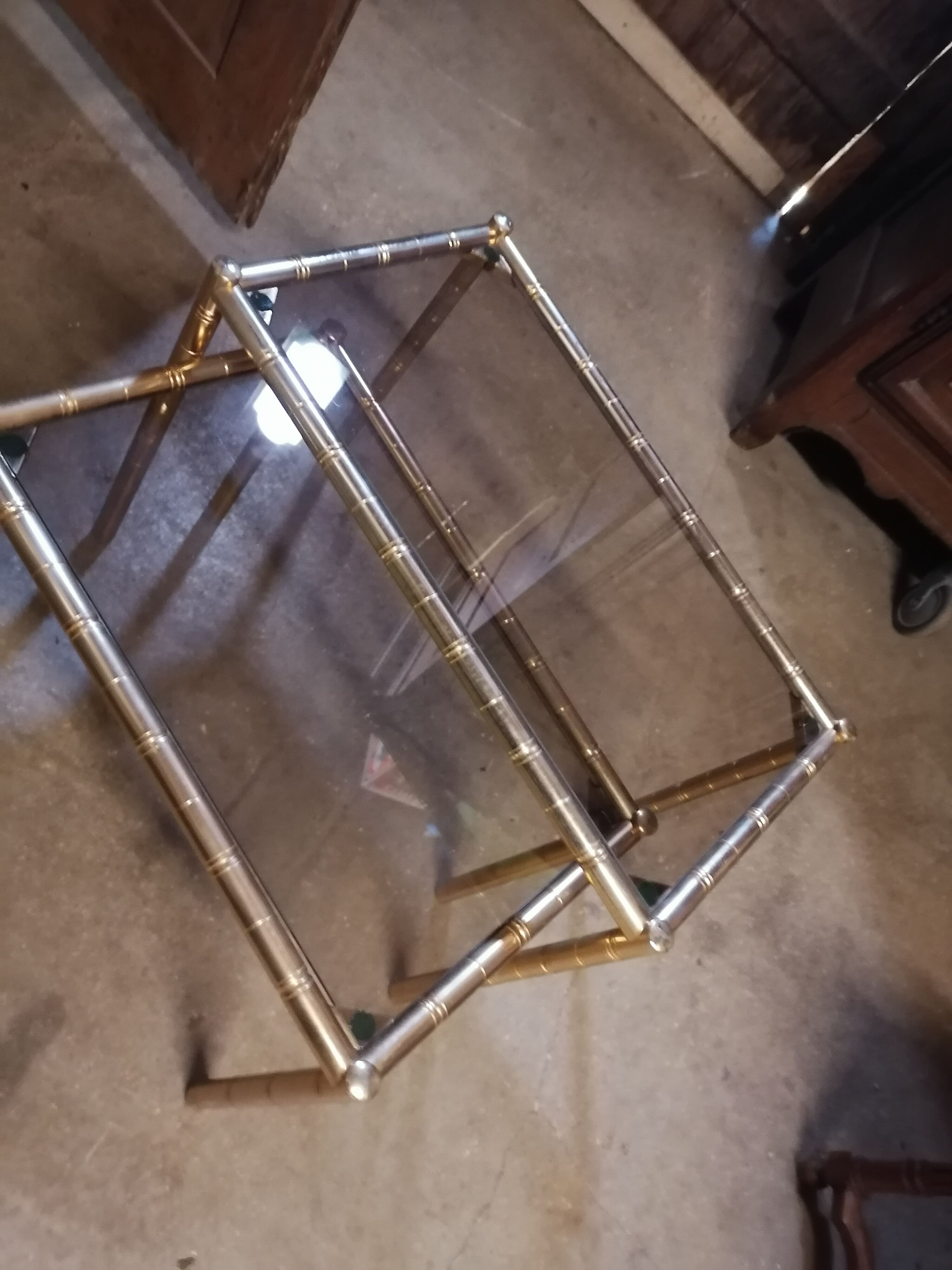 2 brass trundle tables bamboo style smoked glass 1960 1970