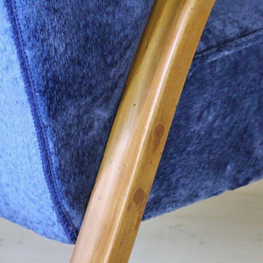 1920 Art Deco Blue Velvet Armchair, Solid Beech Wood, France