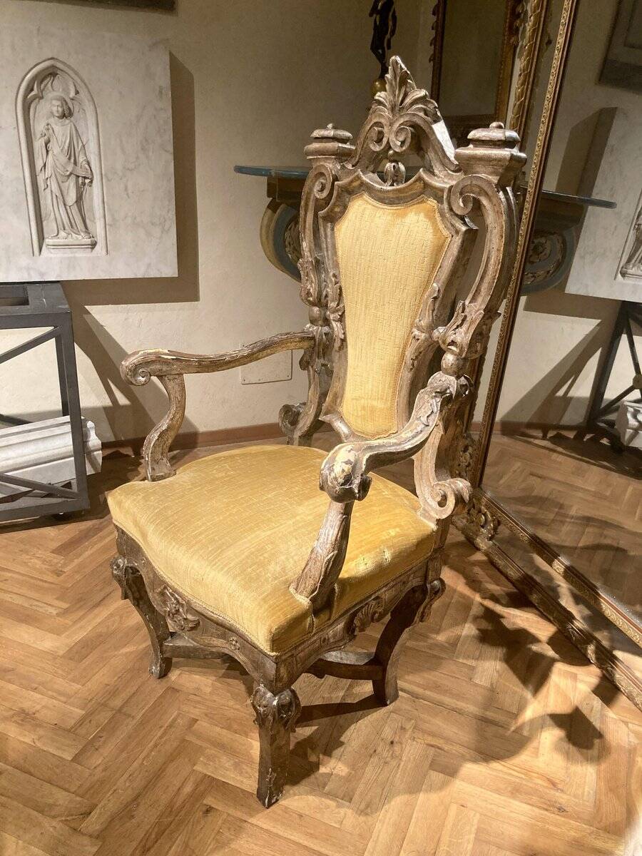 Italian Rococo Silver Mecca Giltwood Throne Armchair, Rome, 18th Century