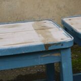Three blue wooden stools