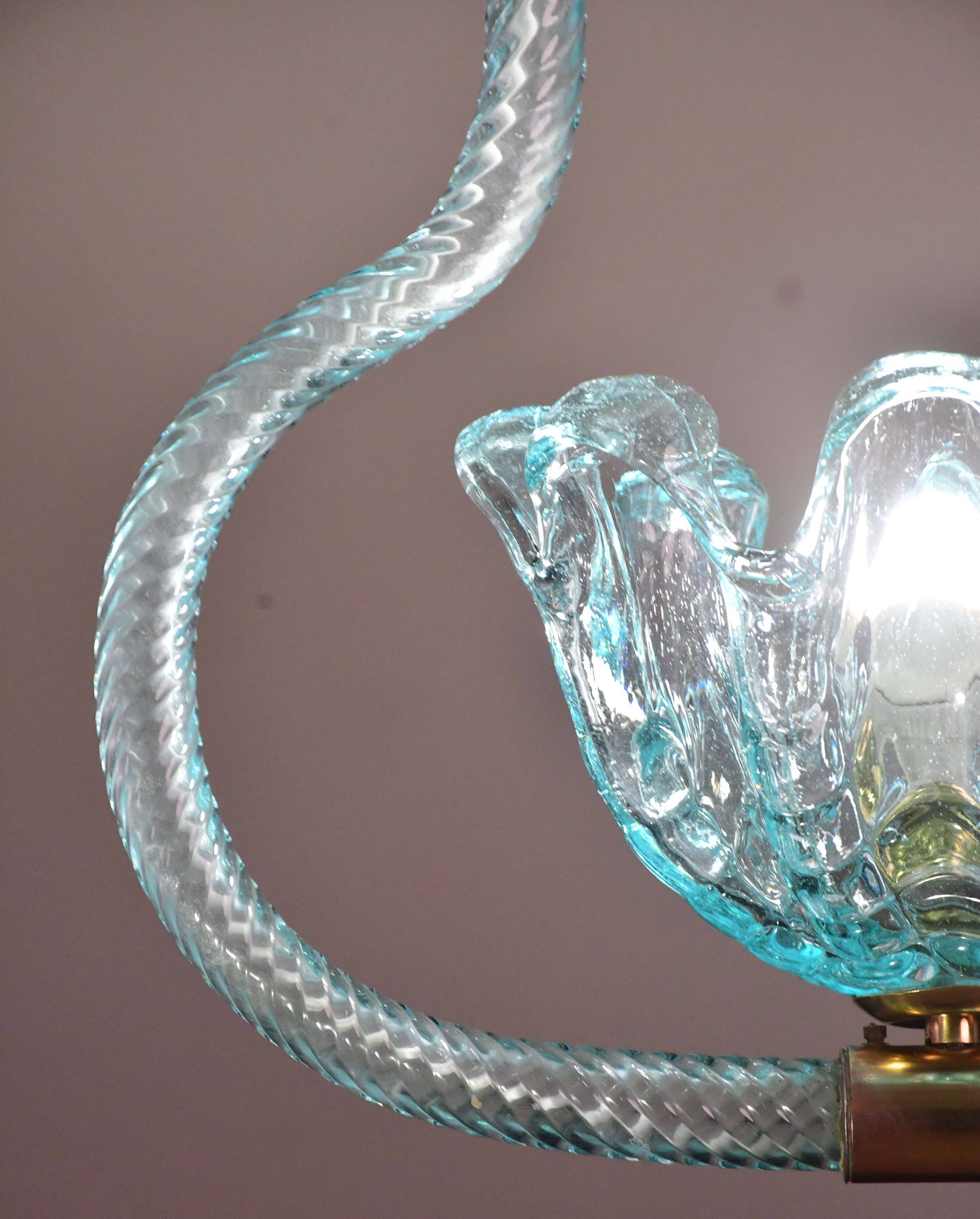 Blu acquamarine Murano glass chandelier by Barovier e Toso, 1940s
