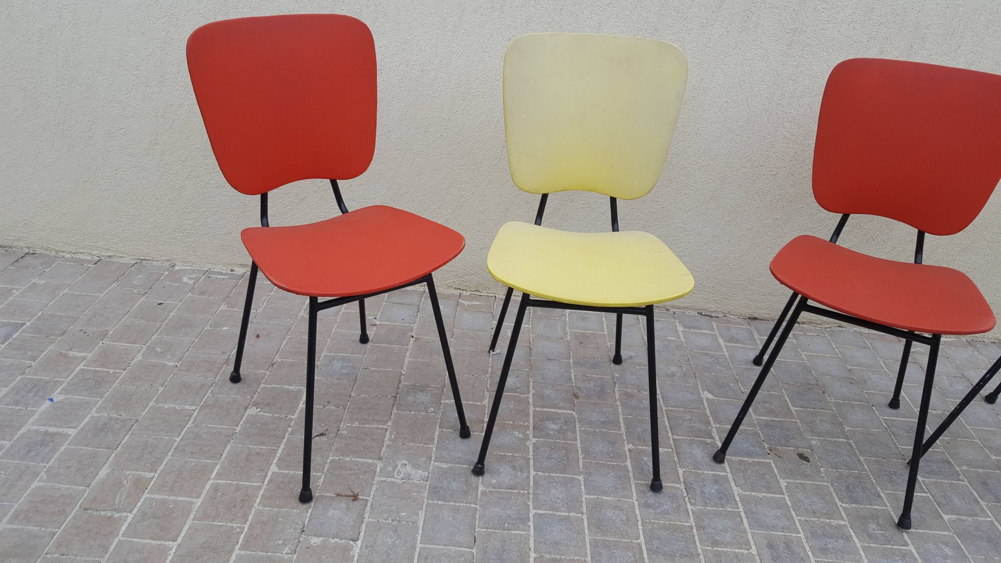 4 vintage metal tubular feet chairs, vinyl seating, skai