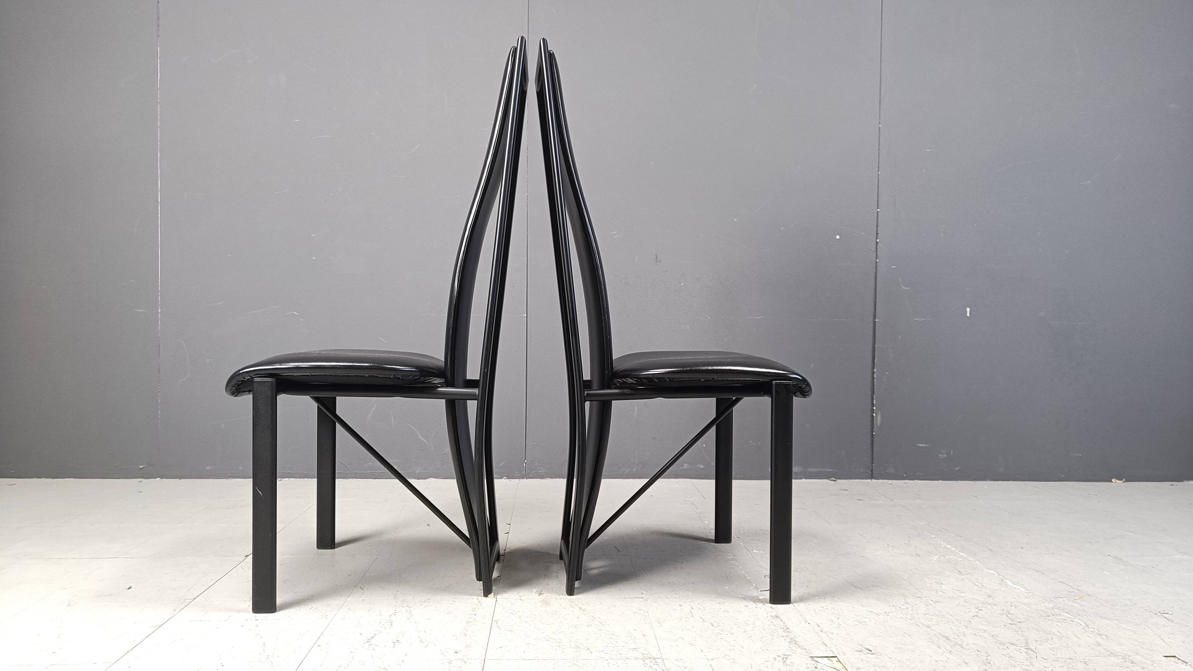 Chaises de salle à manger hautes en cuir noir vintage, lot de 6, années 1980
