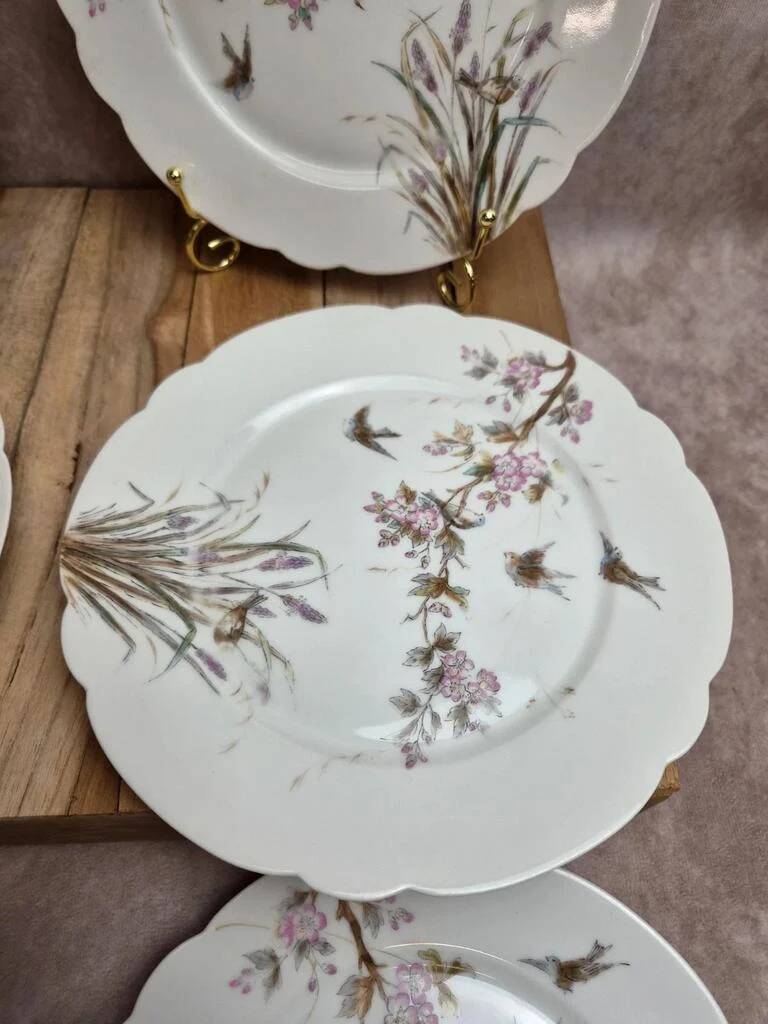 Set of 7 antique porcelain plates – Decorated with polychrome birds and flowers