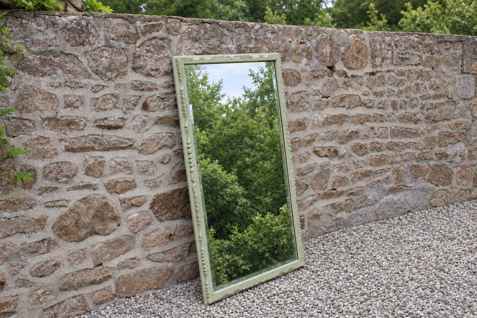 Large antique bevelled mirror in carved solid wood, green lizard – 129 × 75